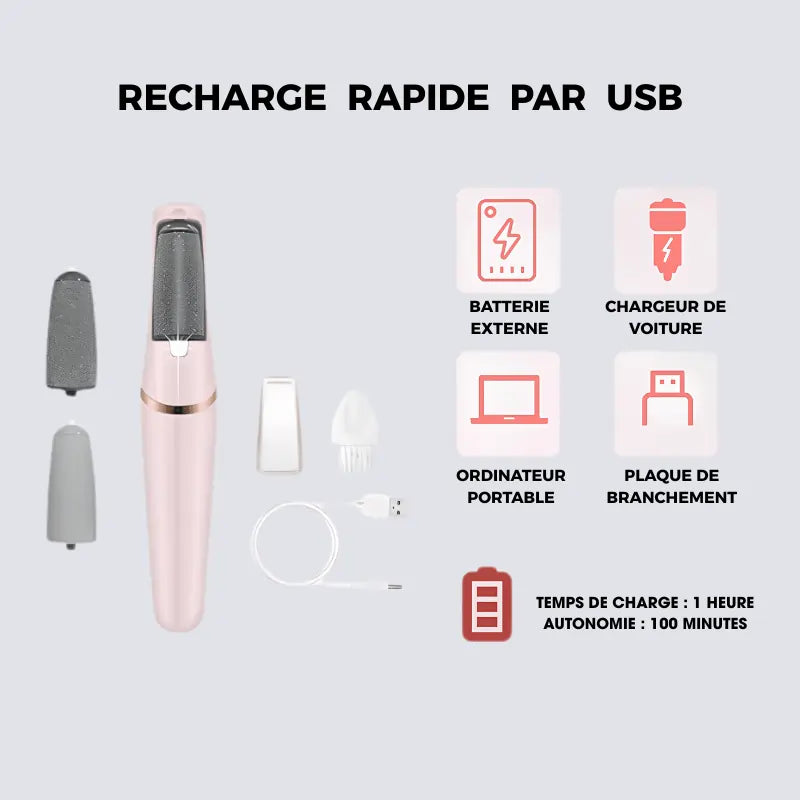 Femme utilisant la lime électrique sur talon crevassé à domicile.
