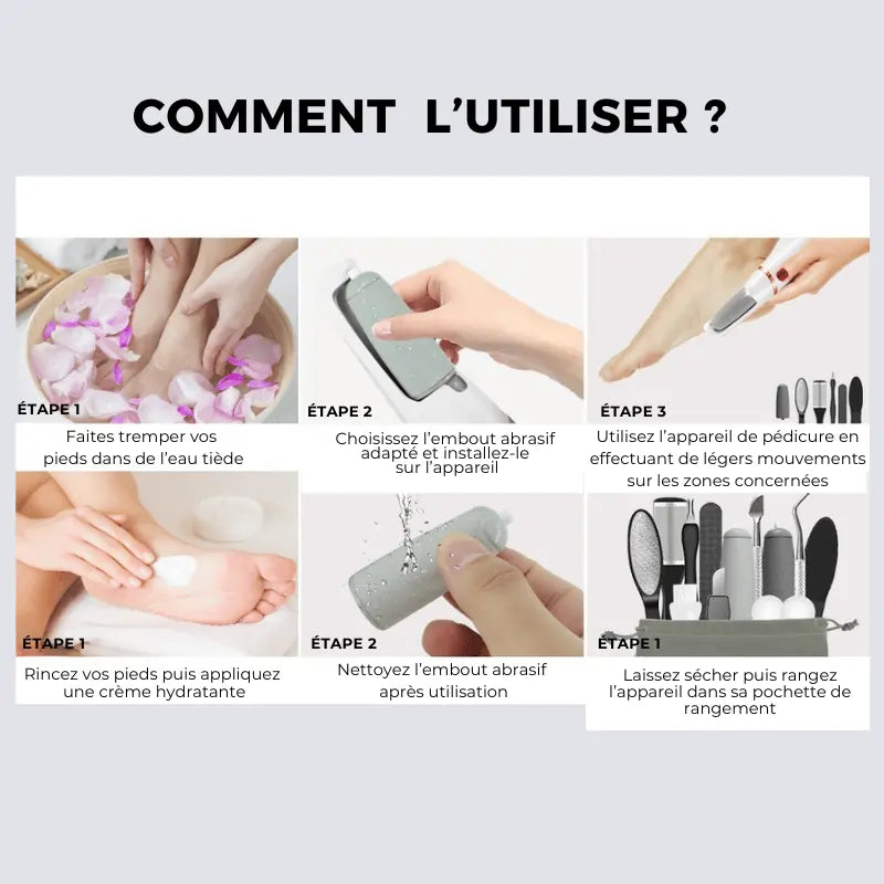 Avant et après élimination callosités pieds avec lime électrique.